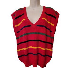DHI Vintage L Red Striped Sleeveless Knit Sweater Vest Primary School Colors